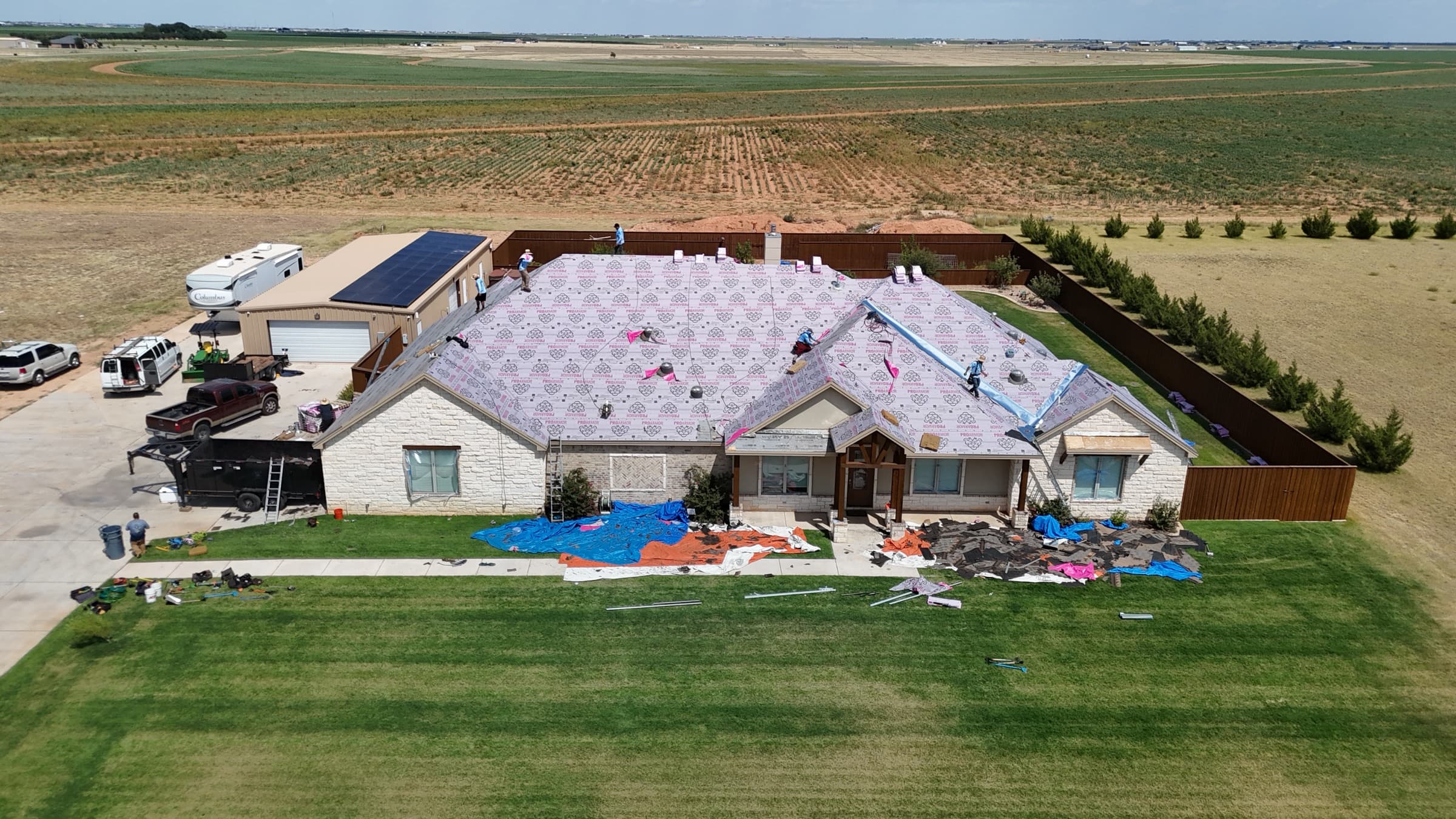 Aerial view of a completed Texas roofing project