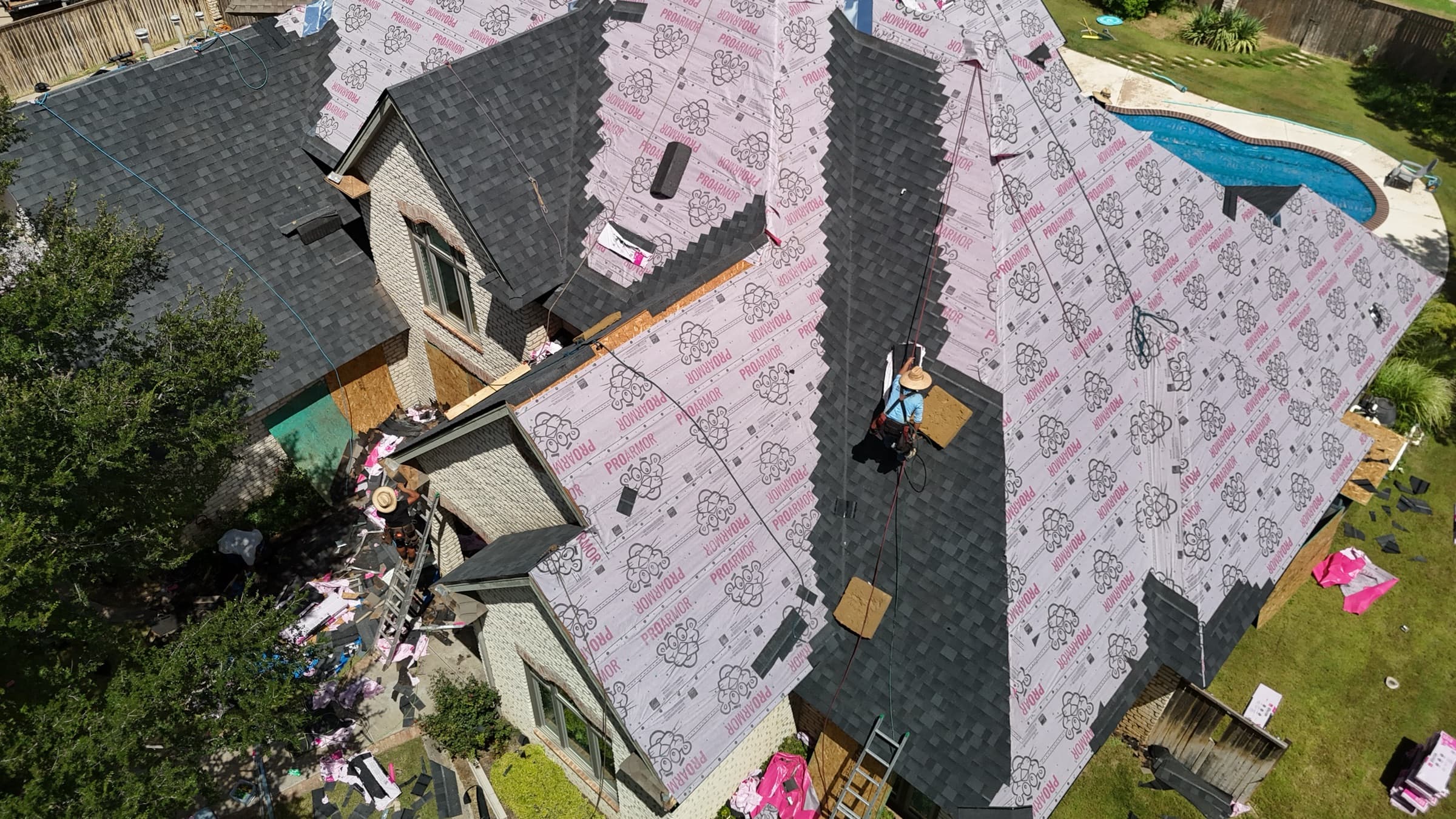 Aerial view of a roof after storm damage inspection